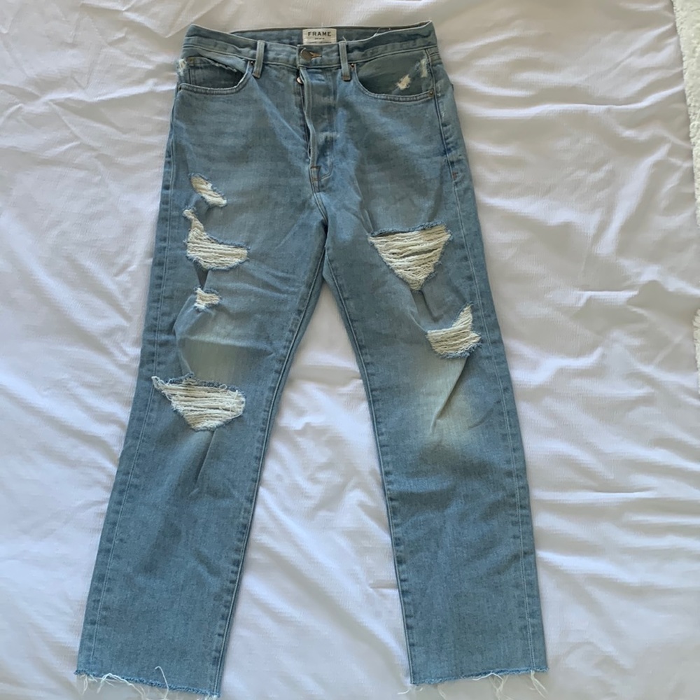 Frame Distressed Straight Leg Jeans